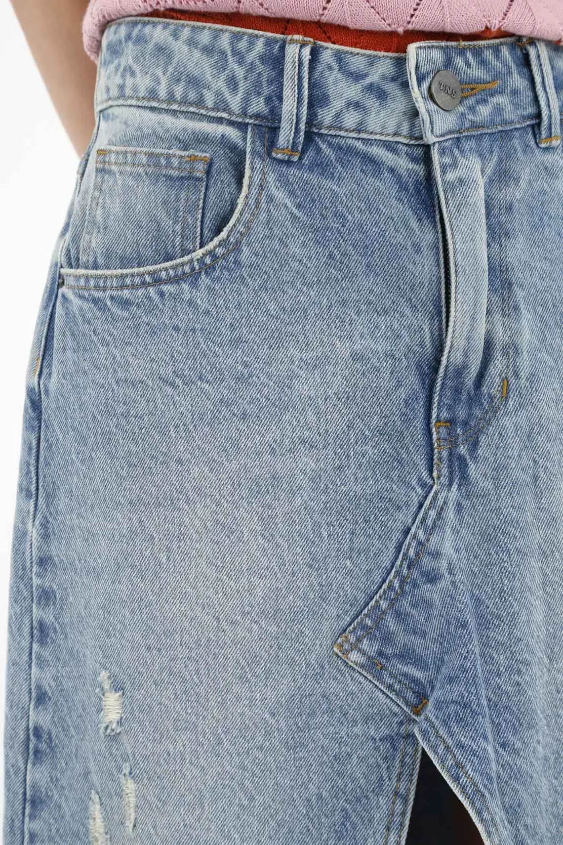 Falda midi en denim azul para mujer