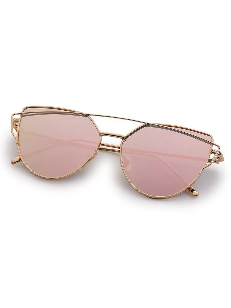 Gold Metal Frame Double Bridge Pink Lens Sunglasses