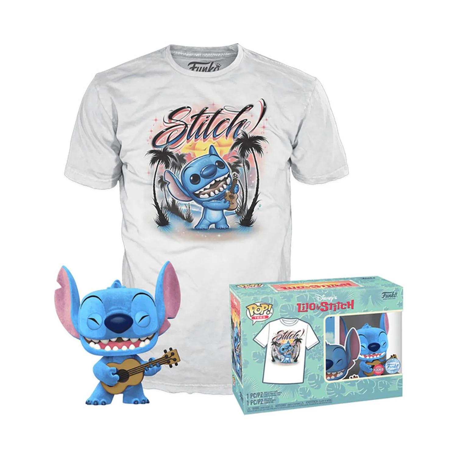 New Arrival Funko Set Pop & Playera Stitch With Ukulele 1044 Flocked Lilo & Stitch Talla Ch