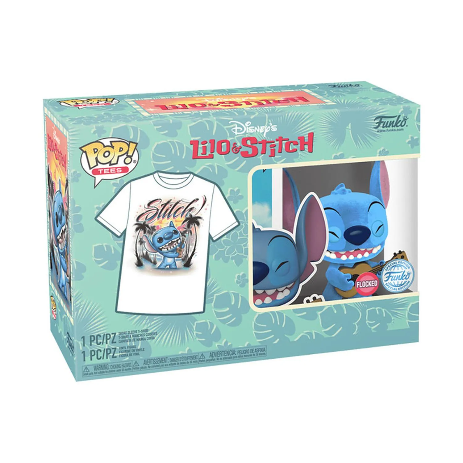 New Arrival Funko Set Pop & Playera Stitch With Ukulele 1044 Flocked Lilo & Stitch Talla Ch