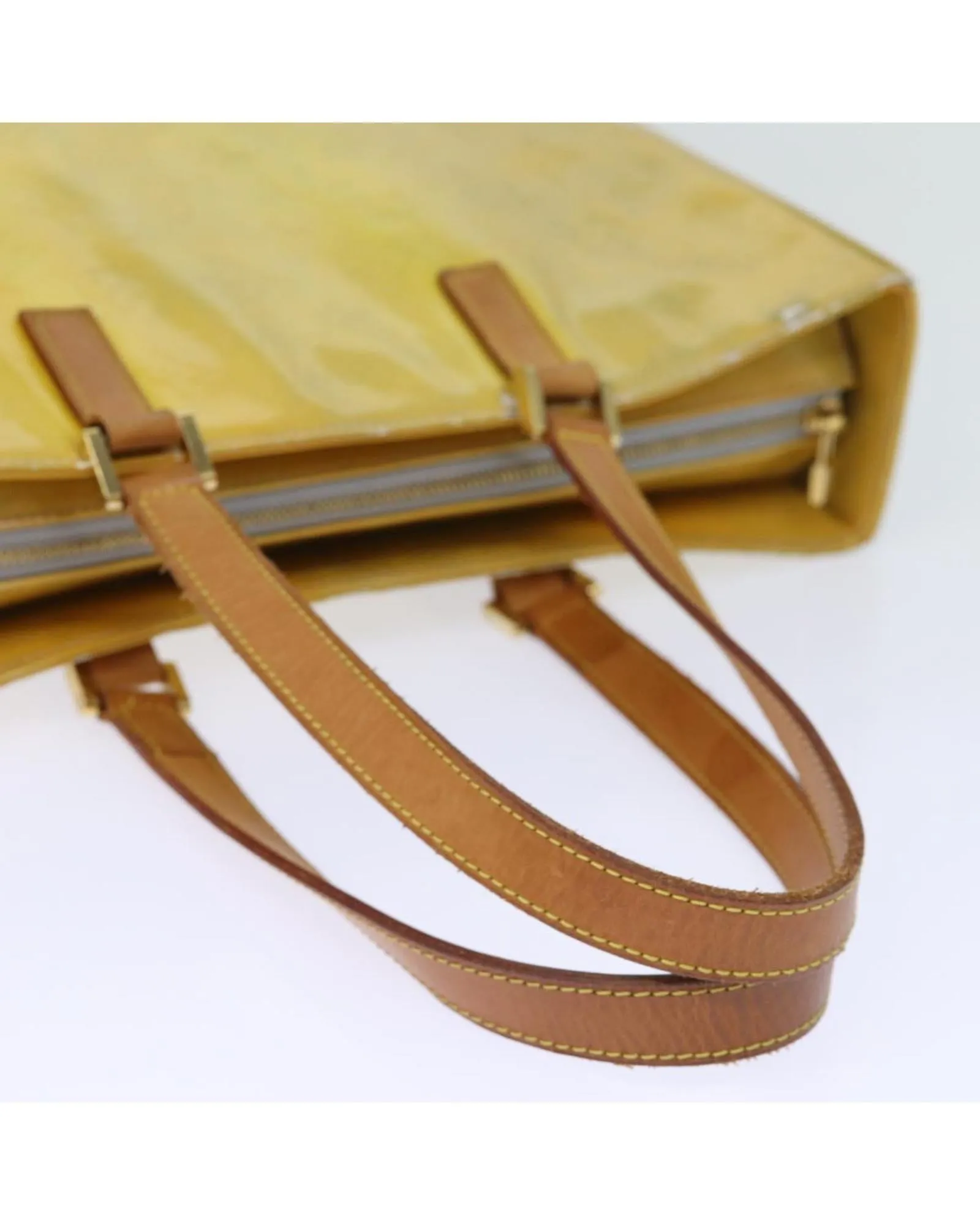 Patent Leather Tote Bag with Accessories and Surface Wear