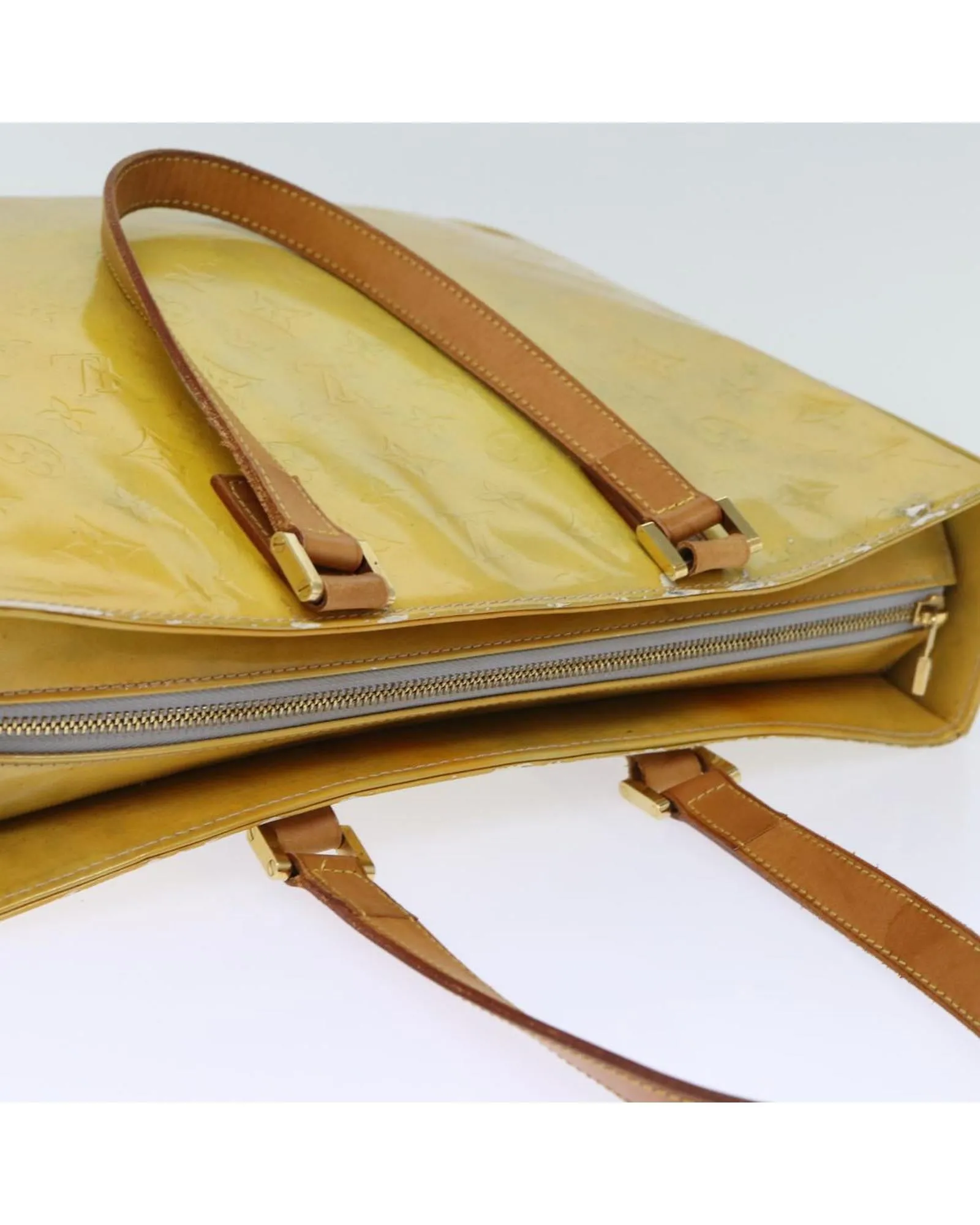 Patent Leather Tote Bag with Accessories and Surface Wear
