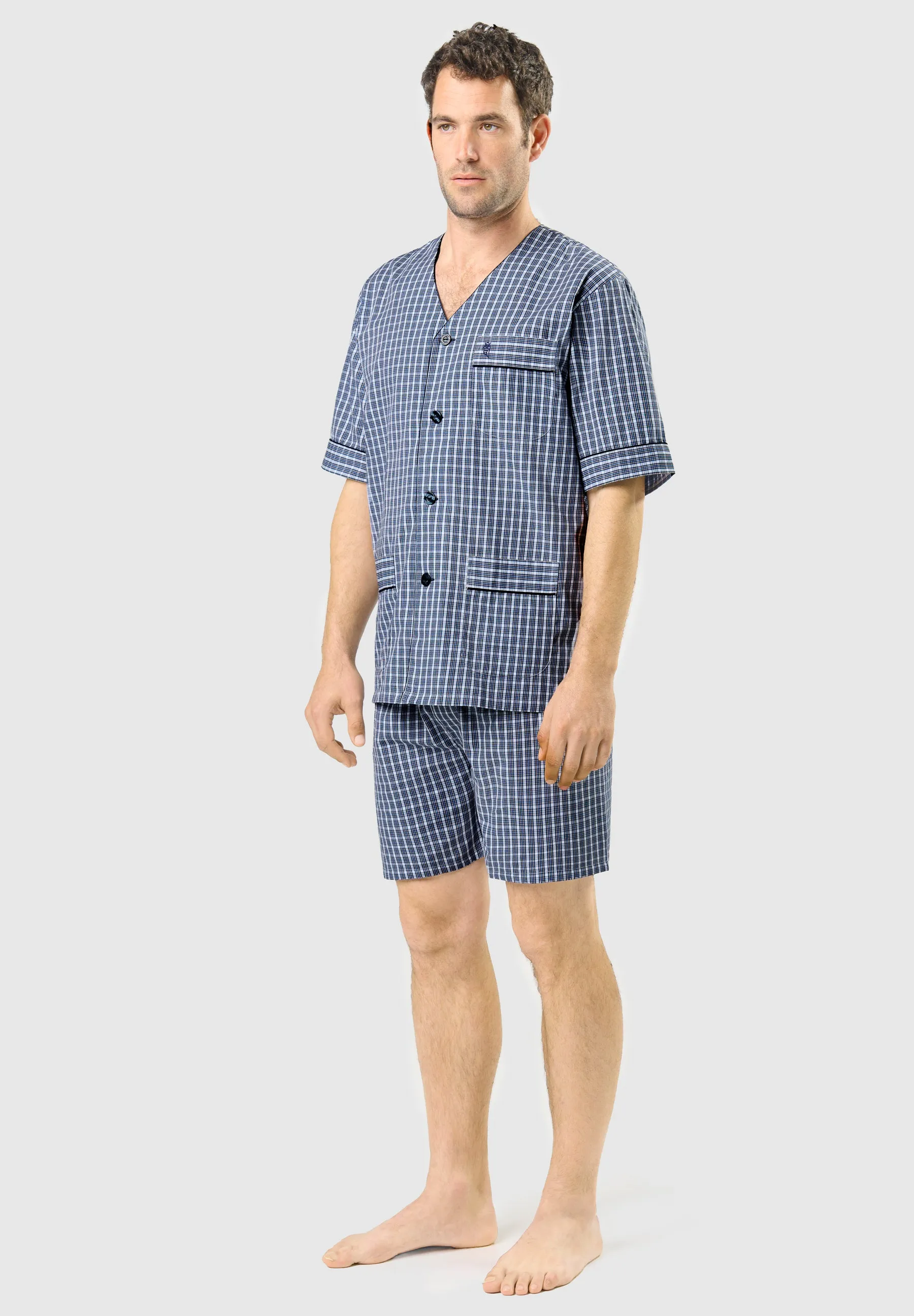 Pijama Hombre Verano Corto Judo Popelín Cuadros - Azul 4543_39