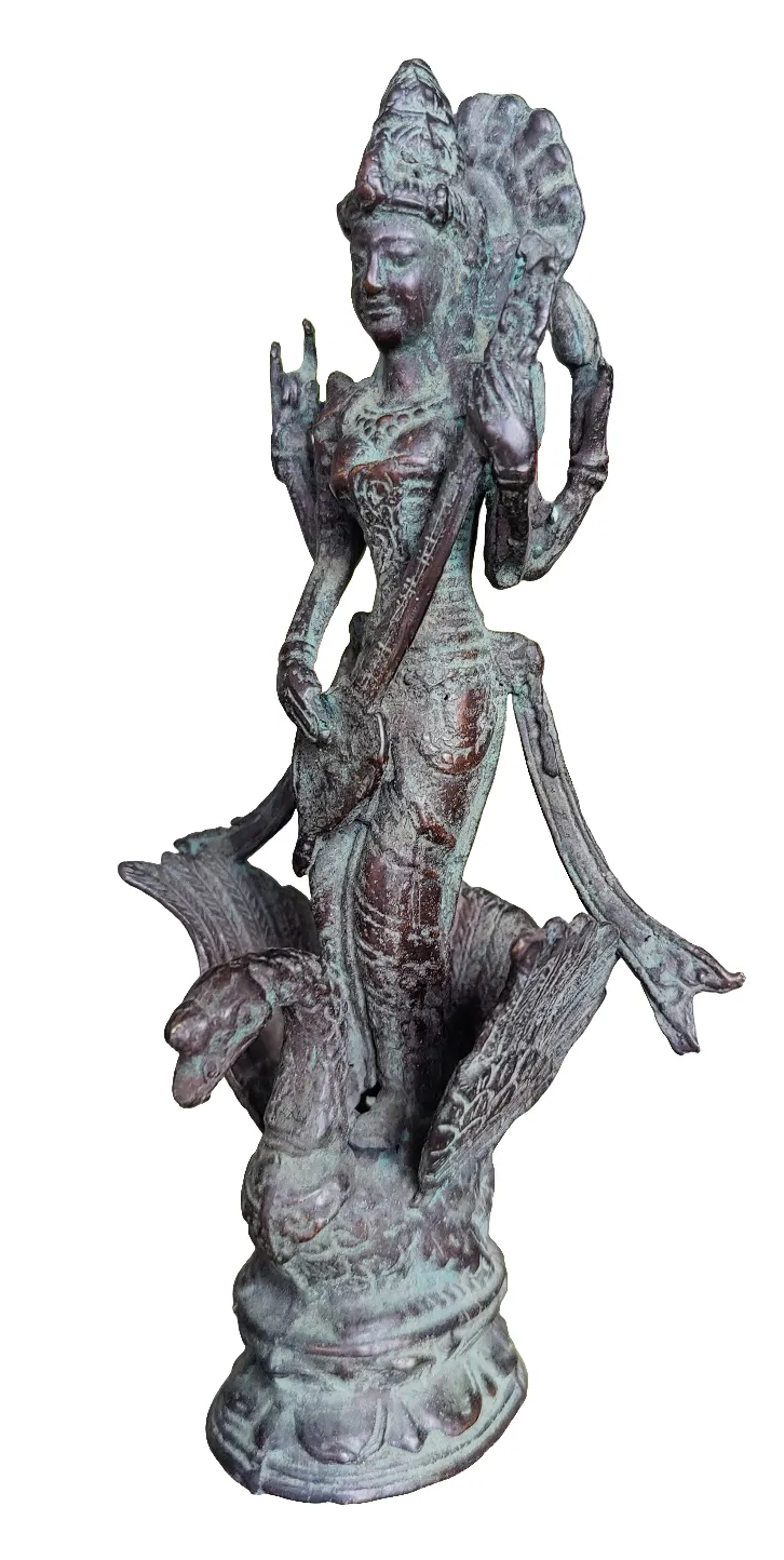 Table Decor.  Bronze Statue of 4 Armed Goddess Saraswati on a Swan.