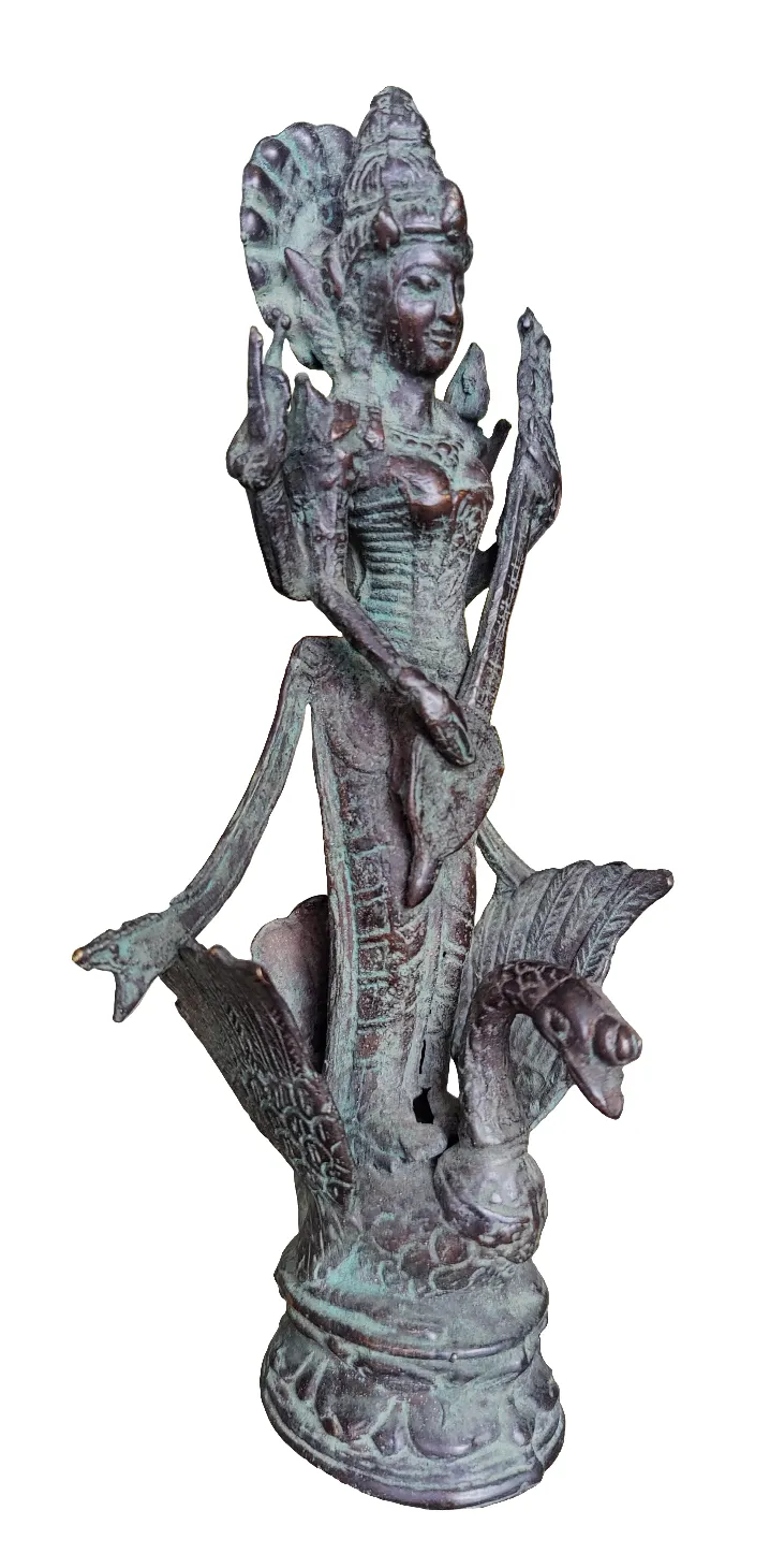 Table Decor.  Bronze Statue of 4 Armed Goddess Saraswati on a Swan.