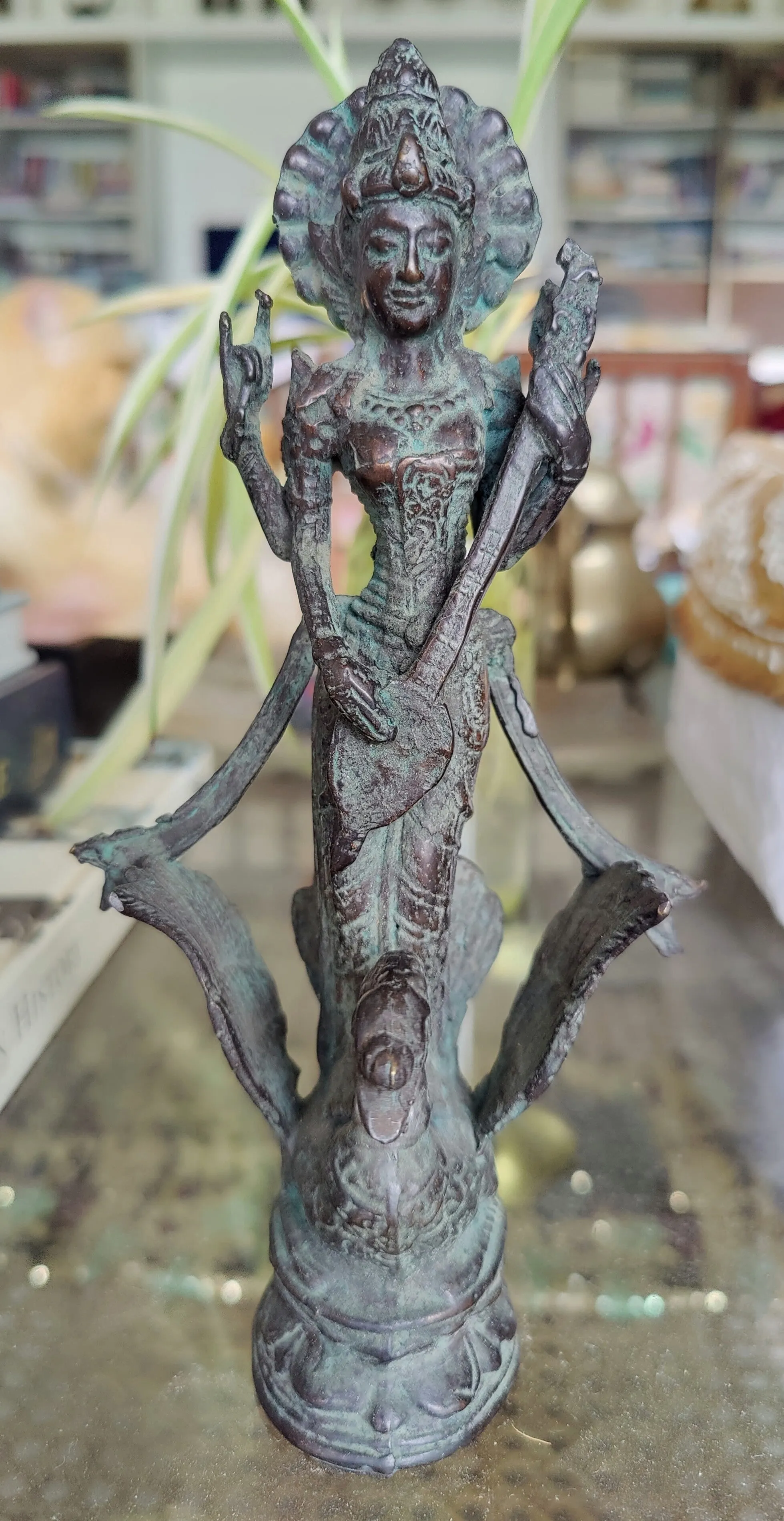 Table Decor.  Bronze Statue of 4 Armed Goddess Saraswati on a Swan.